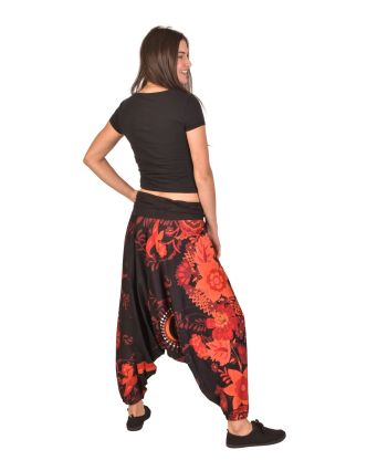 Turecké kalhoty, černé s barevným Flower potiskem, v pase úplet