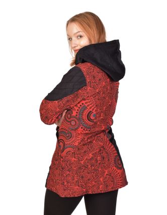 Kabátek s kapucí, červený mandala print, zapínání na zip a kapsy, podšívka