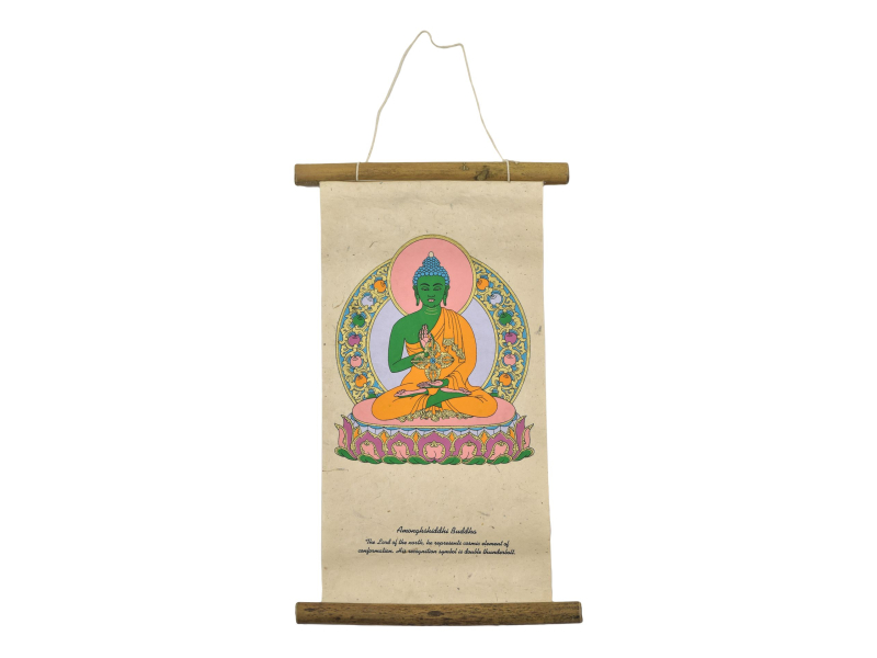 Barevný tisk na svitku z ručního papíru, Buddha Amóghasiddhi, 33x20cm