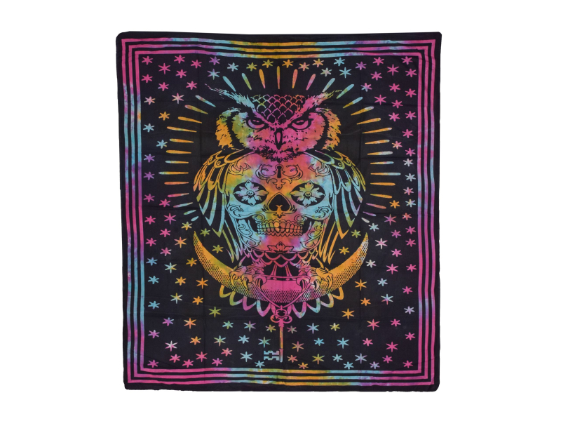 Přehoz s lebkou, sovou a klíčem, barevná batika, 230x200cm