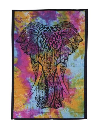 Přehoz s tiskem, Slon, barevná batika, 130x200 cm