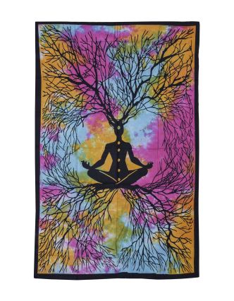 Přehoz s tiskem, Yogín a strom, barevná batika, 130x200 cm
