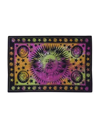 Přehoz s tiskem, slunce a měsíc, barevná batika, 130x200 cm