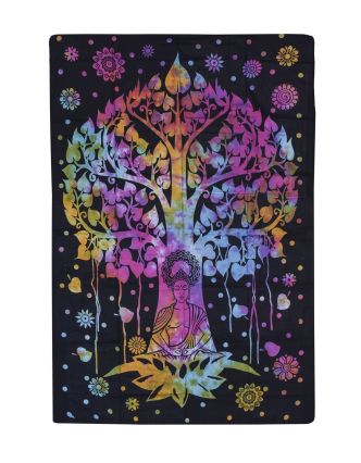 Přehoz s tiskem, Buddha a strom života, barevná batika, 130x200 cm