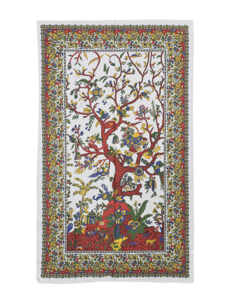 Přehoz s tiskem, barevná Fauna a Flora, bílý podklad 130x210 cm