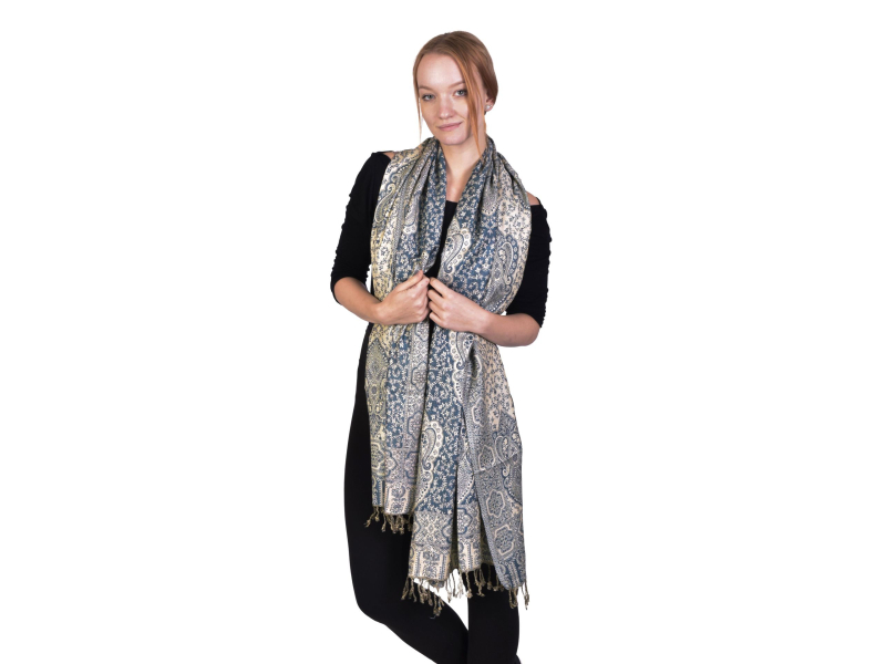 Šátek s orientálním vzorem, tyrkysovo-béžový, oboustranný, třásně, 70x200cm