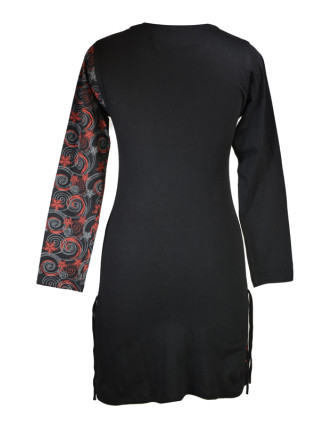 Krátké šaty s dlouhým rukávem, černé, černý Flower Spiral tisk, šňůrky