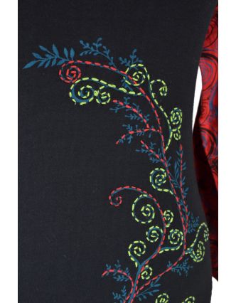 Krátké šaty s dlouhým rukávem, černé, červený Flower Spiral tisk, šňůrky
