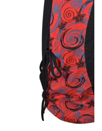 Krátké šaty s dlouhým rukávem, černé, červený Flower Spiral tisk, šňůrky
