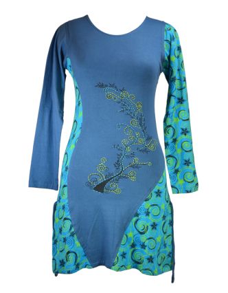 Krátké šaty s dlouhým rukávem, tmavě modré, tyrkysový Flower Spiral tisk, šňůrky