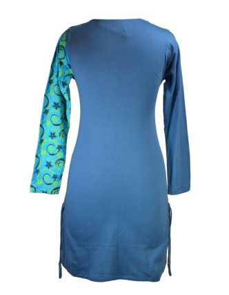 Krátké šaty s dlouhým rukávem, tmavě modré, tyrkysový Flower Spiral tisk, šňůrky