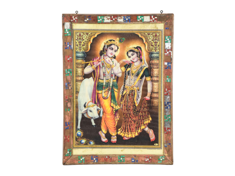 Starý obraz v teakovém rámu, Rádha a Krišna, 41x2x56cm
