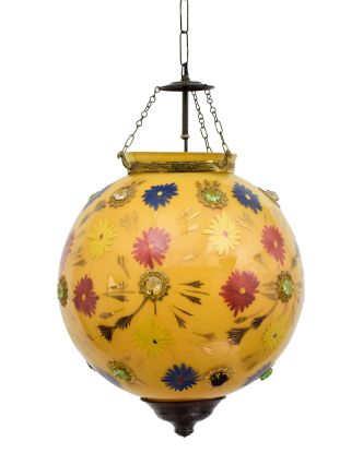 Oválná skleněná lampa zdobená barevnými kameny, žlutá, 35x35x43cm