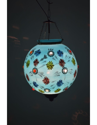 Oválná skleněná lampa zdobená barevnými kameny, modrá, 35x35x43cm