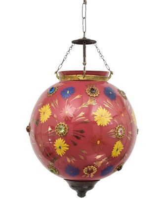 Oválná skleněná lampa zdobená barevnými kameny, růžová, 35x35x43cm