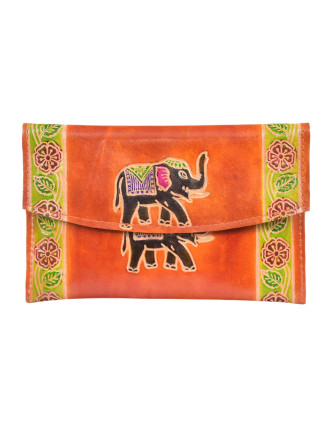 Peněženka se slonem, sada 3ks (velká+2 malé) malovaná kůže, oranžová, 17,5x11cm
