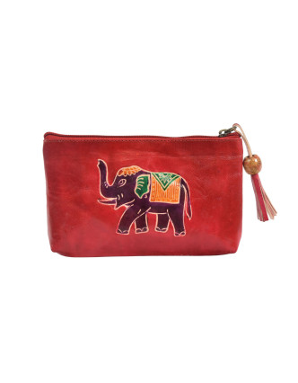 Neceser zapínaný na zip, červený, slon, ručně malovaná kůže, 18x11cm