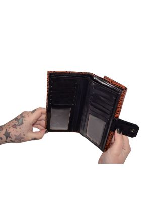 Peněženka, hnědá, černý vzorek, malovaná kůže, 9,5x19,5cm