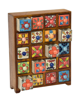 Dřevěná skříňka s 20 keramickými šuplíky, ručně malovaná, 29x11x37cm