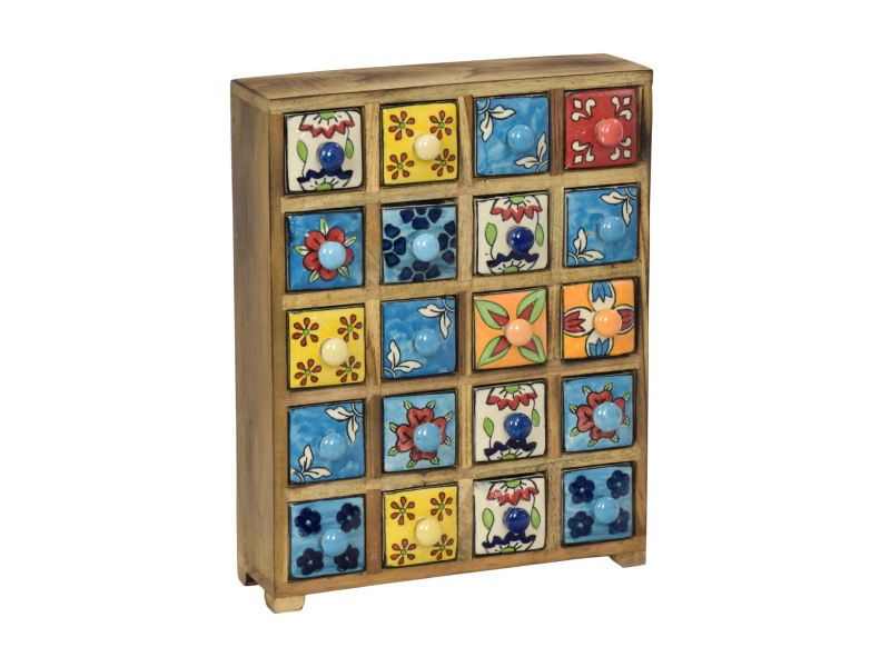 Dřevěná skříňka s 20 keramickými šuplíky, ručně malovaná, 29x11x37cm