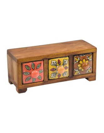 Dřevěná skříňka s 3 keramickými šuplíky, ručně malovaná, 22x8x9cm