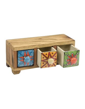 Dřevěná skříňka s 3 keramickými šuplíky, ručně malovaná, 22x8x9cm