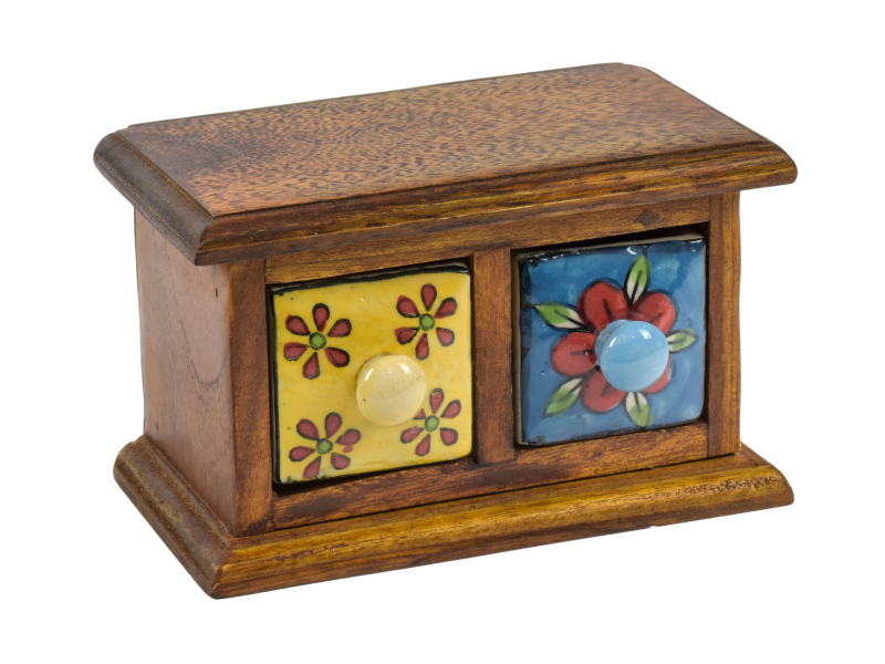 Dřevěná skříňka s 2 keramickými šuplíky, ručně malovaná, 18x11x11cm