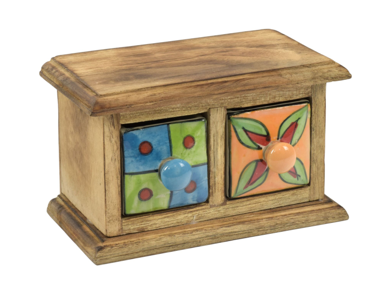 Dřevěná skříňka s 2 keramickými šuplíky, ručně malovaná, 18x11x11cm