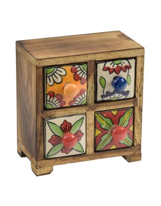Dřevěná skříňka s 4 keramickými šuplíky, ručně malovaná, 15x11x16cm