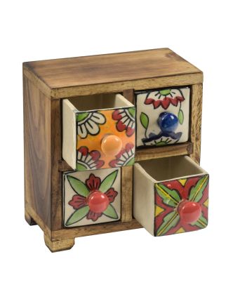 Dřevěná skříňka s 4 keramickými šuplíky, ručně malovaná, 15x11x16cm