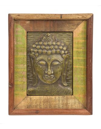 Obraz recyklovaného teakového dřeva, relief Buddhy z tepaného kovu, 23x4x29cm