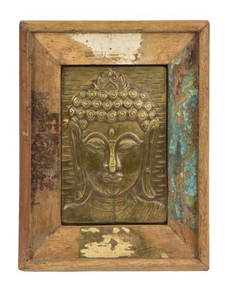 Obraz recyklovaného teakového dřeva, relief Buddhy z tepaného kovu, 23x4x29cm