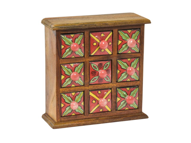 Dřevěná skříňka s 9 keramickými šuplíky, ručně malovaná, 24x11x24cm
