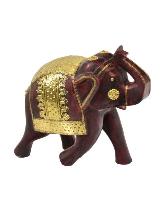 Dřevěný slon, ručně malovaný, zdobený mosazí, 29x13x26cm
