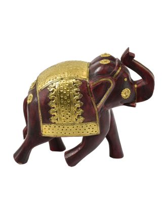 Dřevěný slon, ručně malovaný, zdobený mosazí, 29x13x26cm