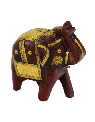 Dřevěný slon, ručně malovaný, zdobený mosazí, 12x4x11cm