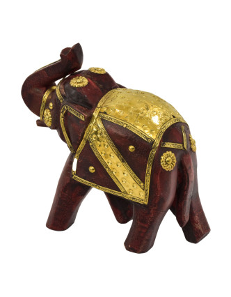 Dřevěný slon, ručně malovaný, zdobený mosazí, 17x7x17cm