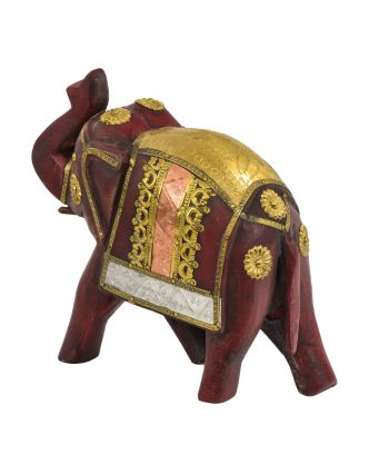 Dřevěný slon, ručně malovaný, zdobený mosazí, 26x10x20cm