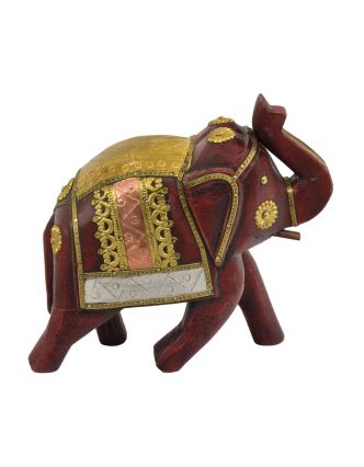 Dřevěný slon, ručně malovaný, zdobený mosazí, 26x10x20cm