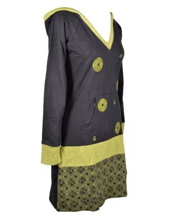 Mikinové šaty, dlouhý rukáv, černo-zelené s kapucí, kapsou a potiskem