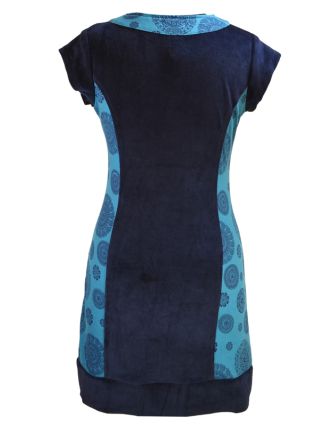 Krátké modré sametové šaty s krátkým rukávem a Chakra tiskem