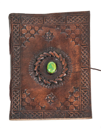 Notes v kožené vazbě, se zeleným kamenem, ruční papír, cca 13x18cm