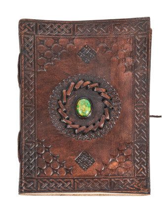 Notes v kožené vazbě, se zeleným kamenem, ruční papír, cca 13x18cm