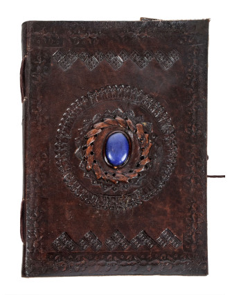 Notes v kožené vazbě, s modrým kamenem, ruční papír, cca 15x20cm