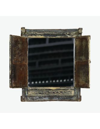 Stará okenice z teakového dřeva se zrcadlem, 55x15x67cm