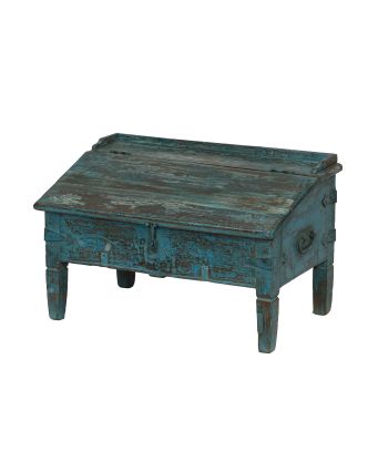 Starý kupecký stolek s odklápěcí deskou, tyrkysová patina, 68x40x42cm