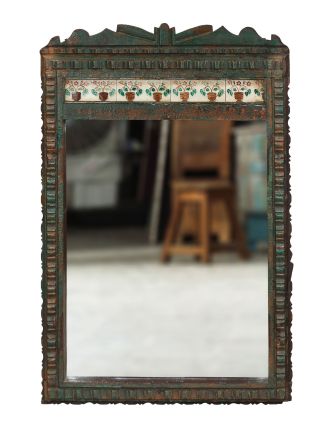 Zrcadlo ve starém rámu z teakového dřeva, keramické dlaždice, 73x6x110cm