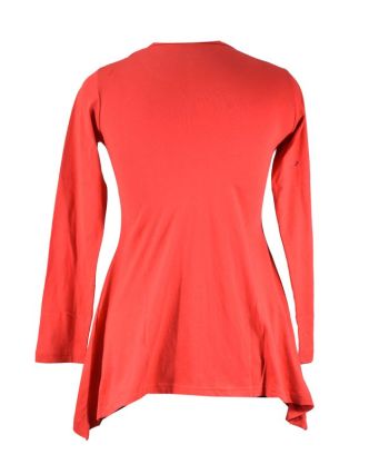 Červené tričko s cípy a dlouhým rukávem a potiskem a barevnou výšivkou