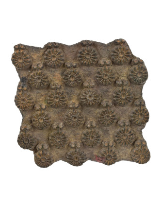 Antik dřevěná raznice na tisk přehozů s motivem květin, block print, 16x16x7cm