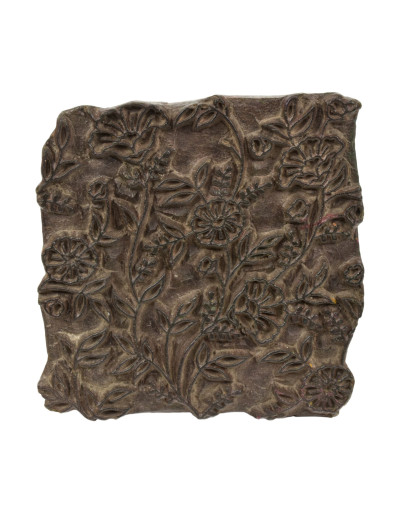 Antik dřevěná raznice na tisk přehozů s motivem květin, block print, 15x15x6cm
